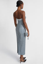 Load image into Gallery viewer, Viscose blend midi bustier dress with herringbone pattern and crystals
