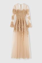 Load image into Gallery viewer, Long-sleeve dress in tulle and rebrodé lace with deep V-neck
