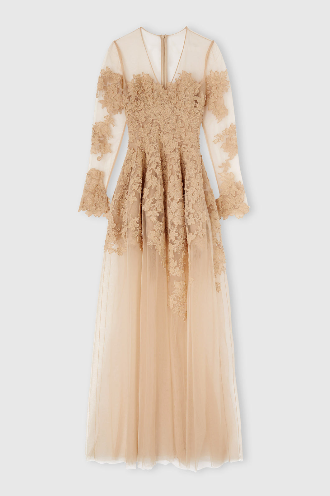 Long-sleeve dress in tulle and rebrodé lace with deep V-neck