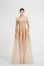 Load image into Gallery viewer, Long-sleeve dress in tulle and rebrodé lace with deep V-neck
