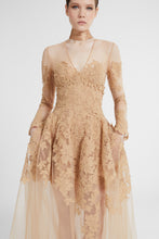 Load image into Gallery viewer, Long-sleeve dress in tulle and rebrodé lace with deep V-neck
