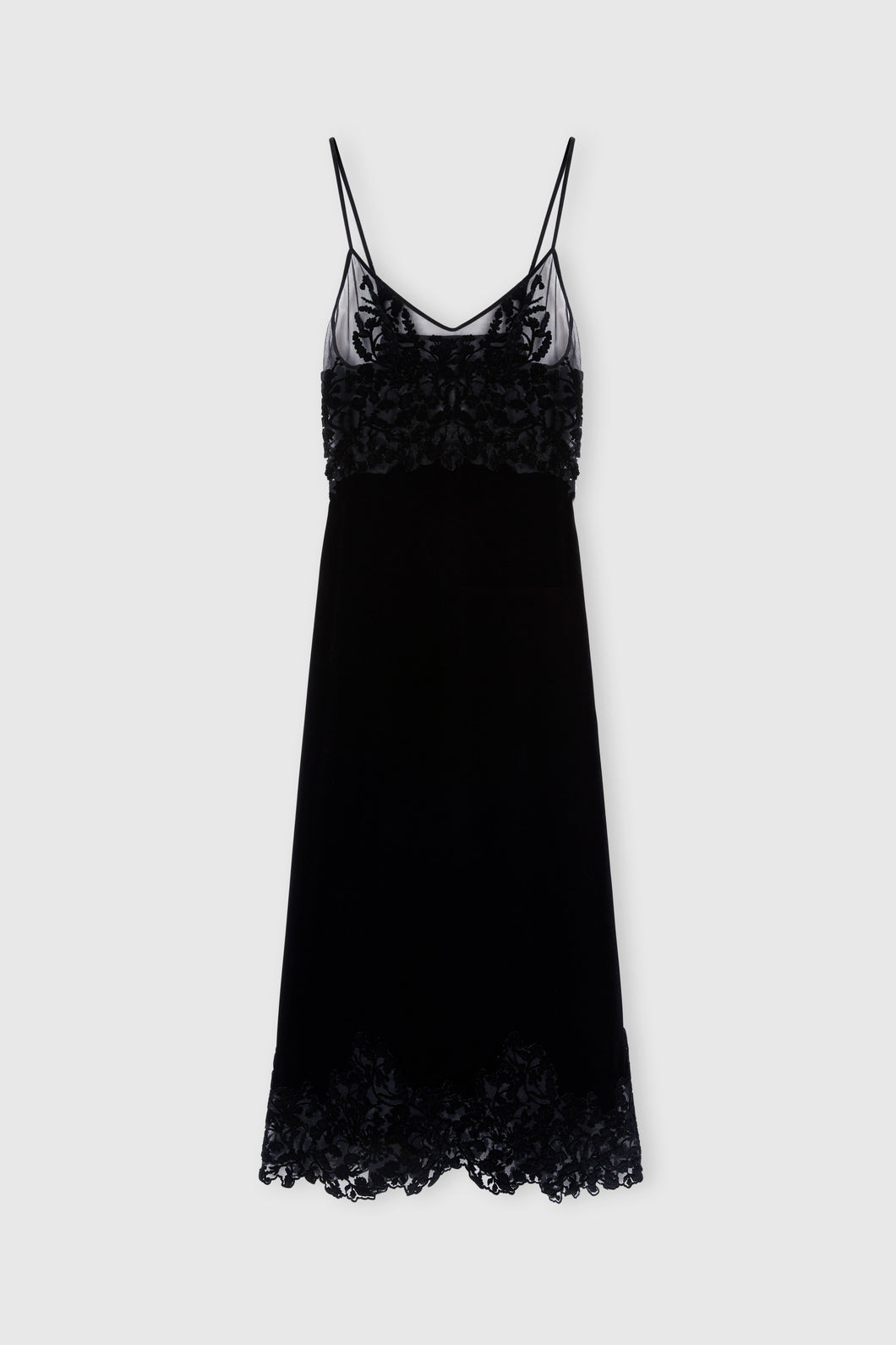 Lingerie-style velvet dress in viscose and silk with cutouts and rebrodé lace