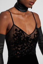 Load image into Gallery viewer, Lingerie-style velvet dress in viscose and silk with cutouts and rebrodé lace
