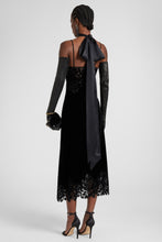 Load image into Gallery viewer, Lingerie-style velvet dress in viscose and silk with cutouts and rebrodé lace

