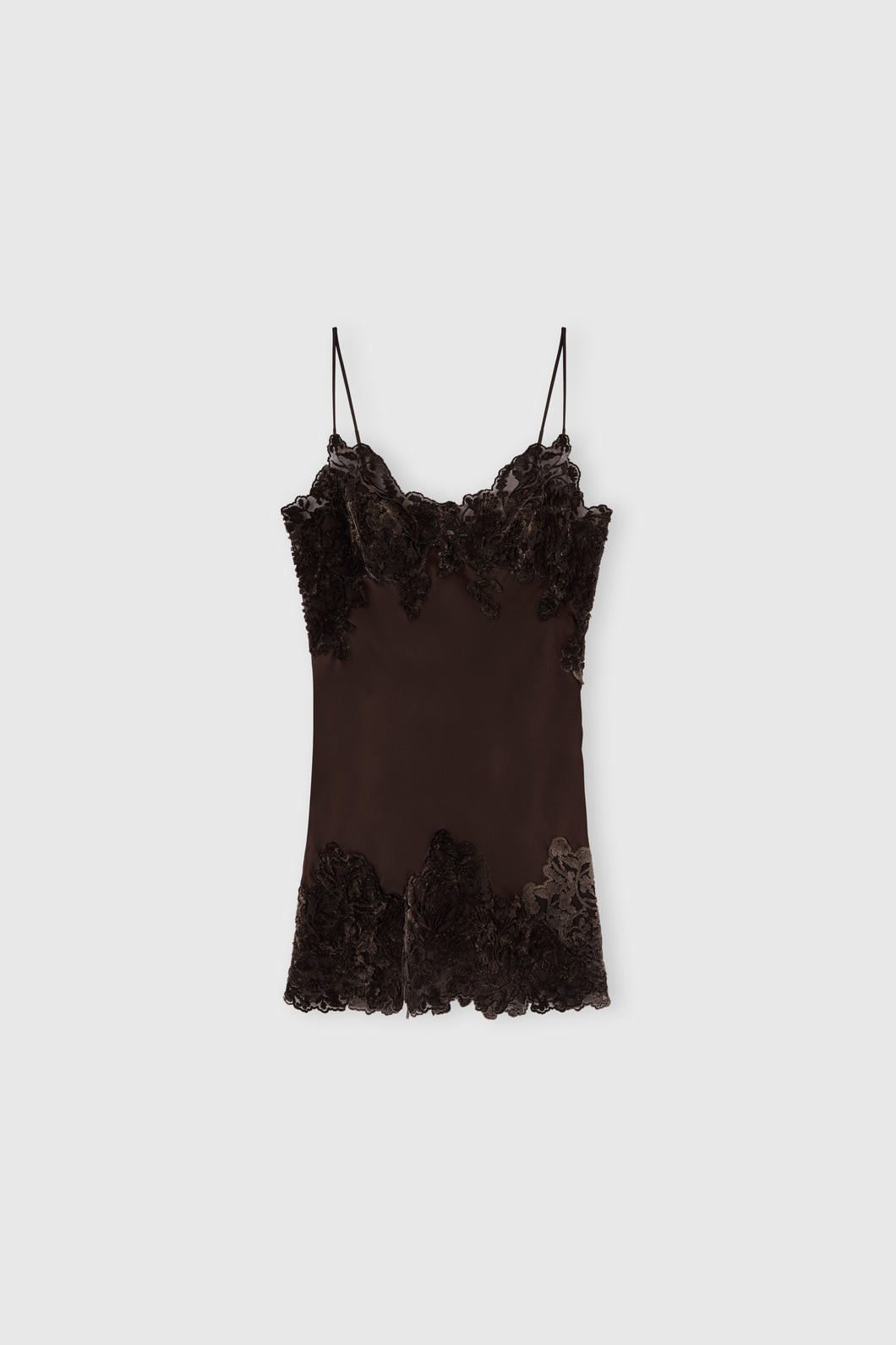 Silk mini dress with hand-cut velvet lace