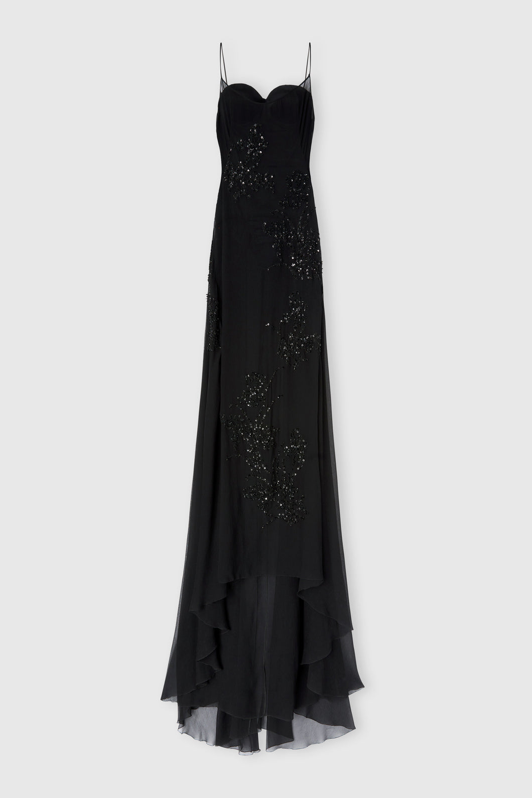 Long silk chiffon dress with hand-applied crystals