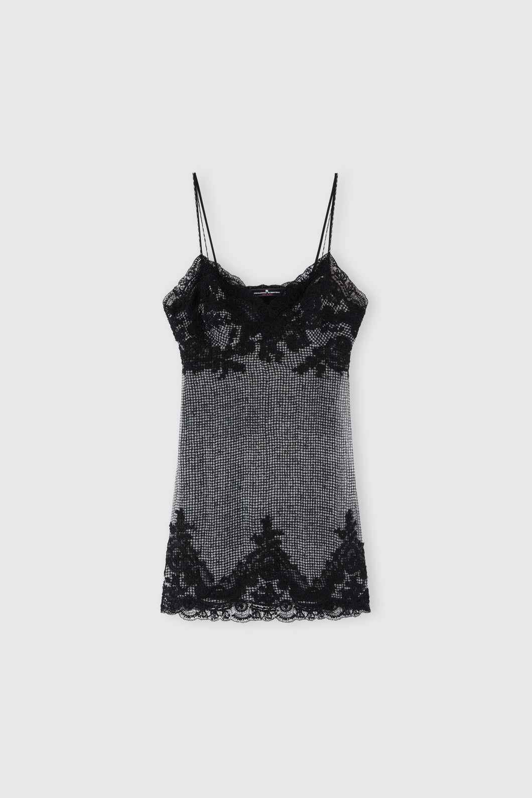 Silk slip dress with pied de poule pattern and contrast lace