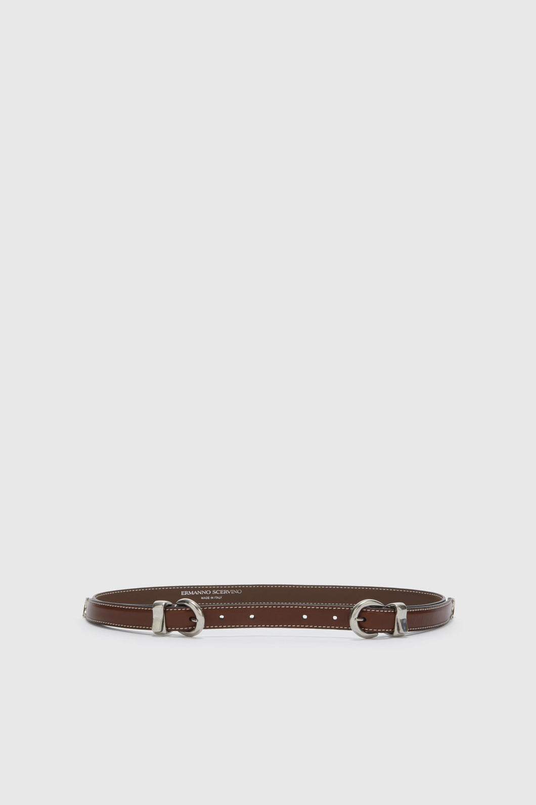 Brown belt in smooth calfskin with double buckle tip and loop