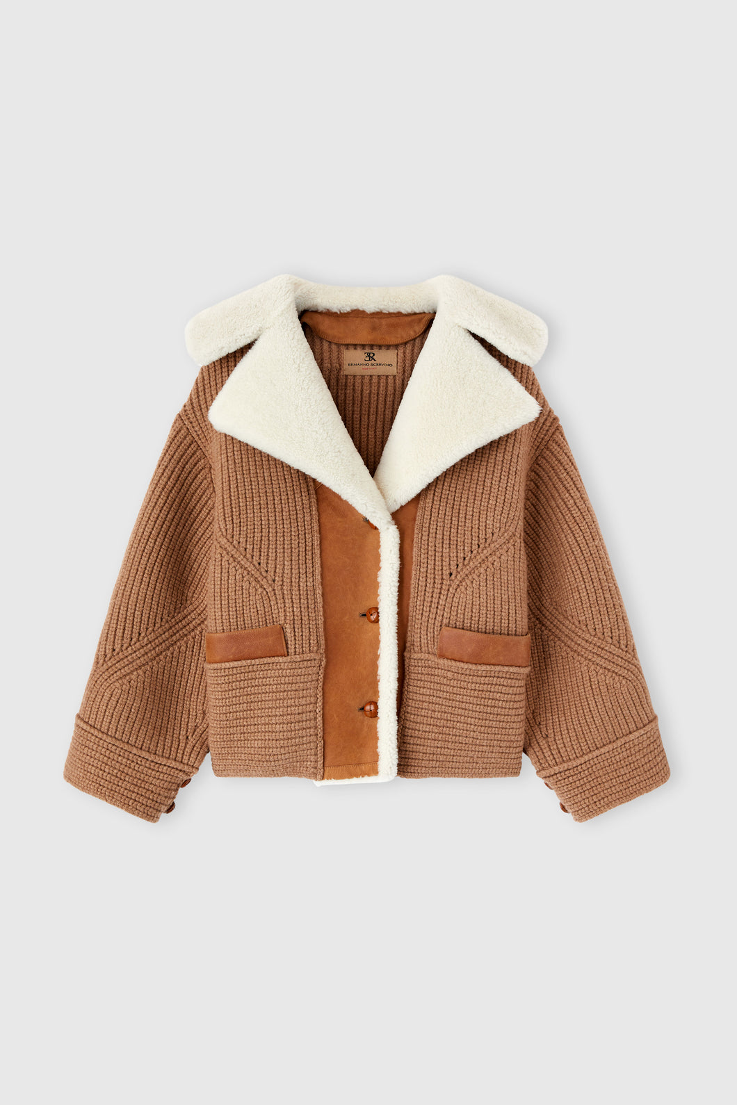 Oversized cardigan in merino wool blend with suede inserts and shearling collar