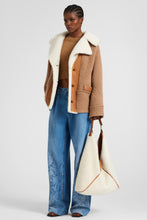 Load image into Gallery viewer, Oversized cardigan in merino wool blend with suede inserts and shearling collar
