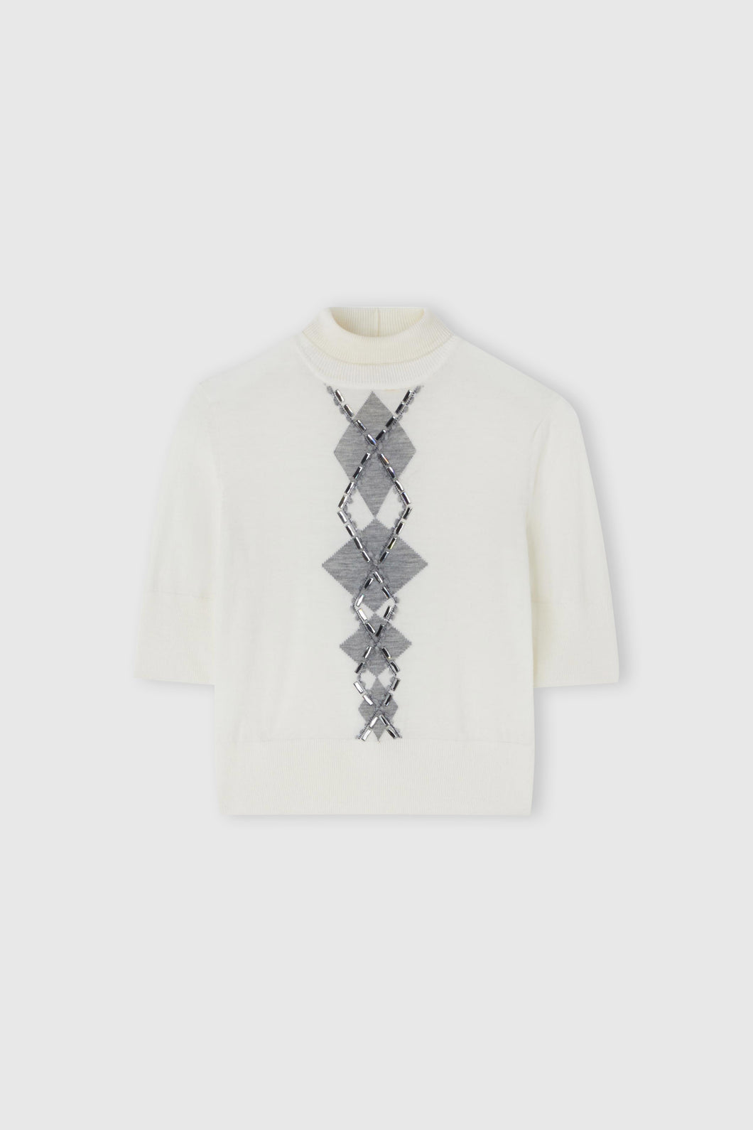 Merino wool top with argyle motif and baguette crystals