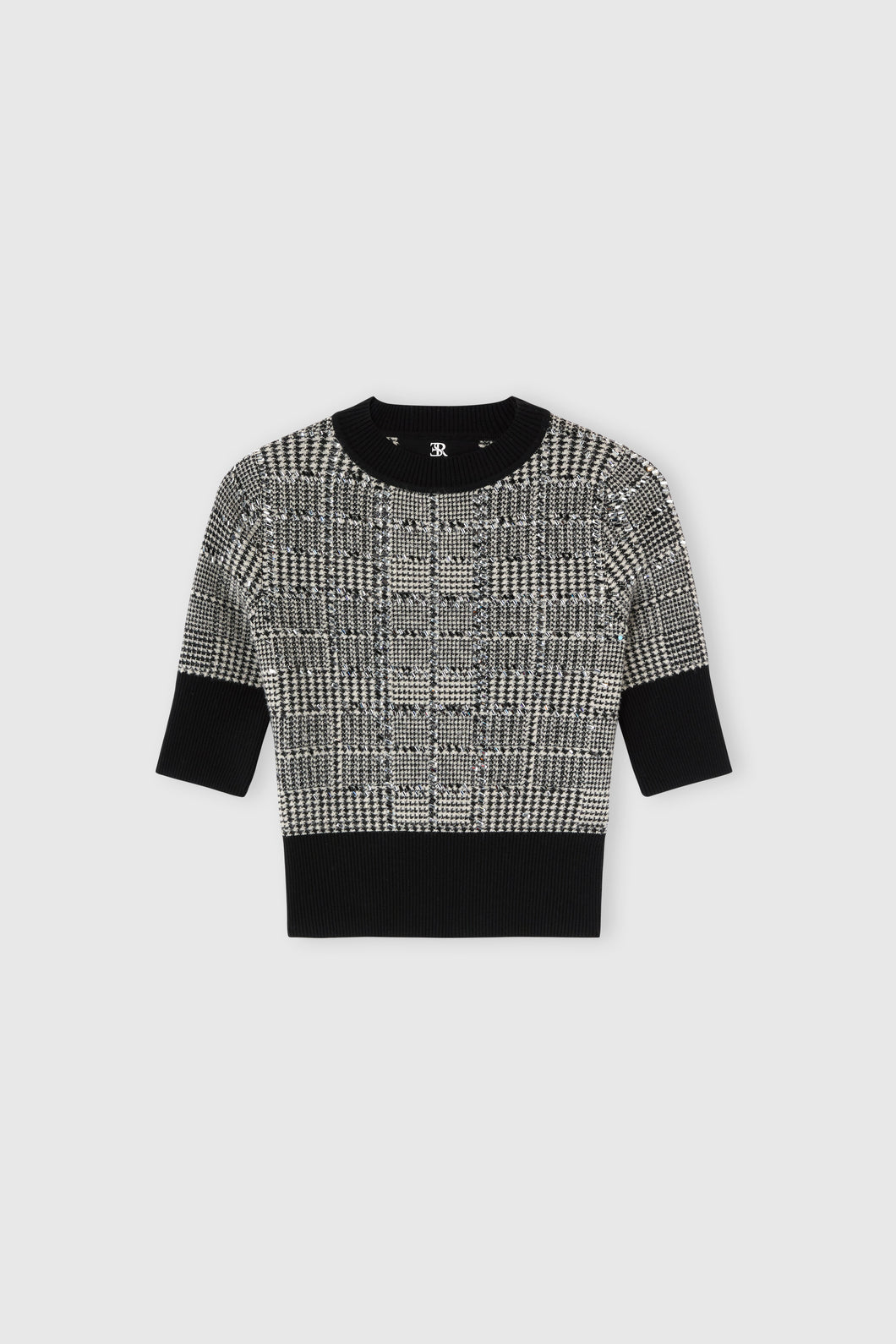 Half-sleeve sweater in wool blend with pied de poule jacquard and crystals