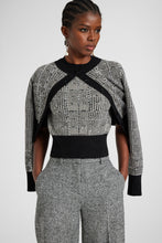 Load image into Gallery viewer, Half-sleeve sweater in wool blend with pied de poule jacquard and crystals

