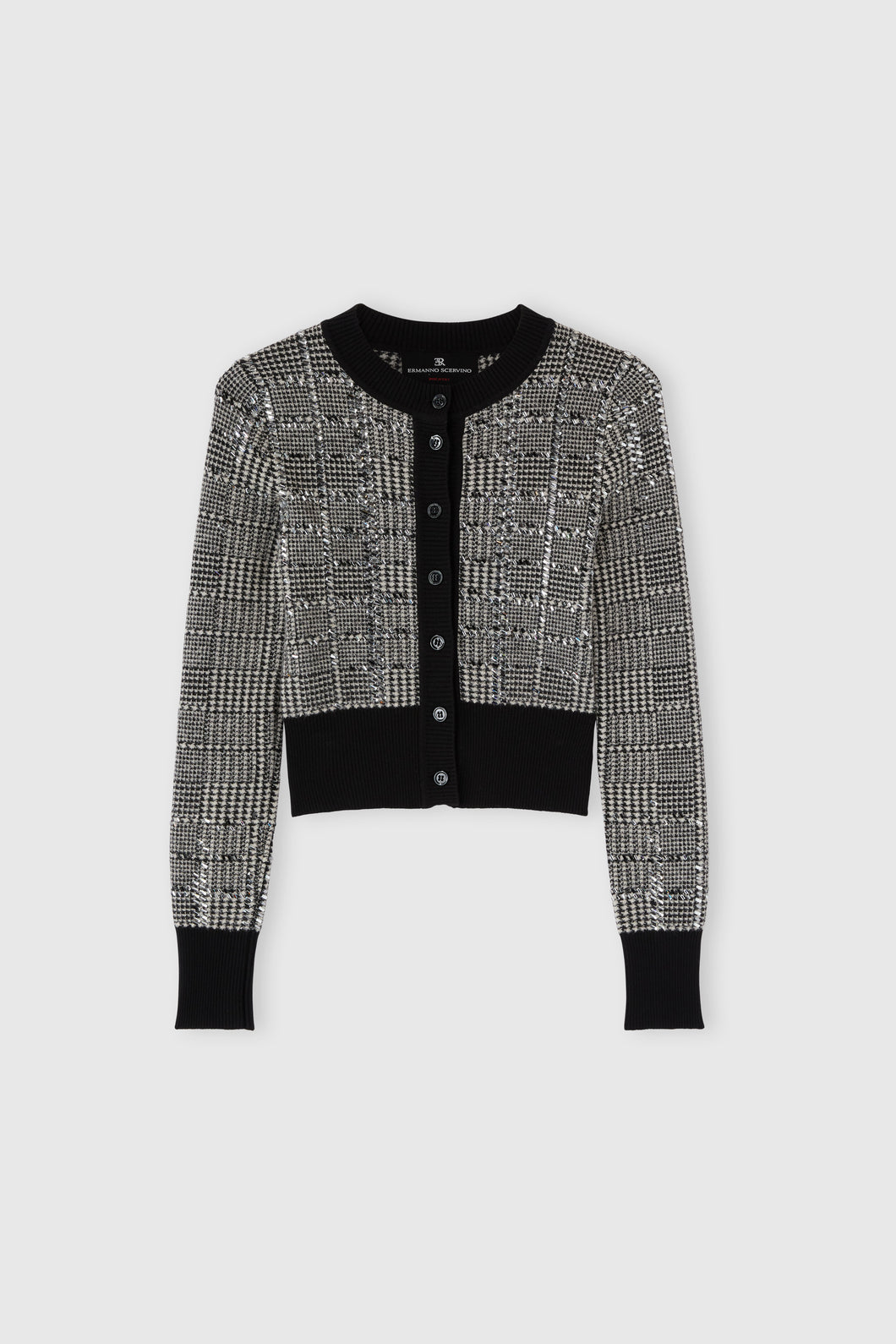 Jacquard wool cardigan with pied de poule pattern and crystals
