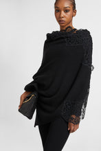 Load image into Gallery viewer, Black cashmere stole with wool rebrodé lace edge
