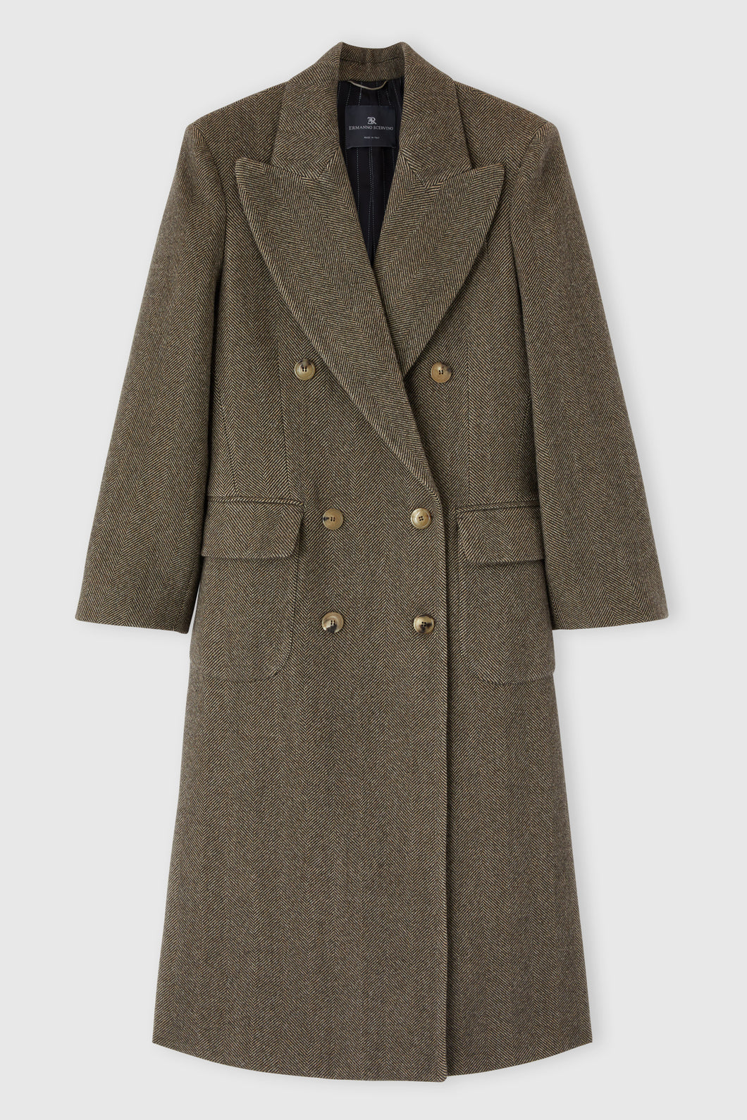 Tailored coat in a virgin wool, silk, and cashmere blend with resca pattern