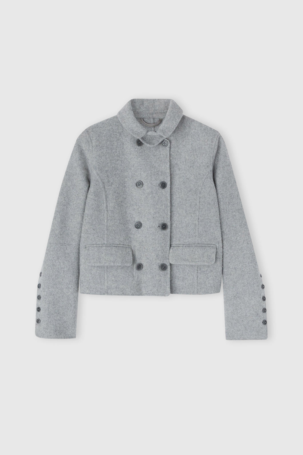 Short double-breasted coat in virgin wool blend with adjustable collar
