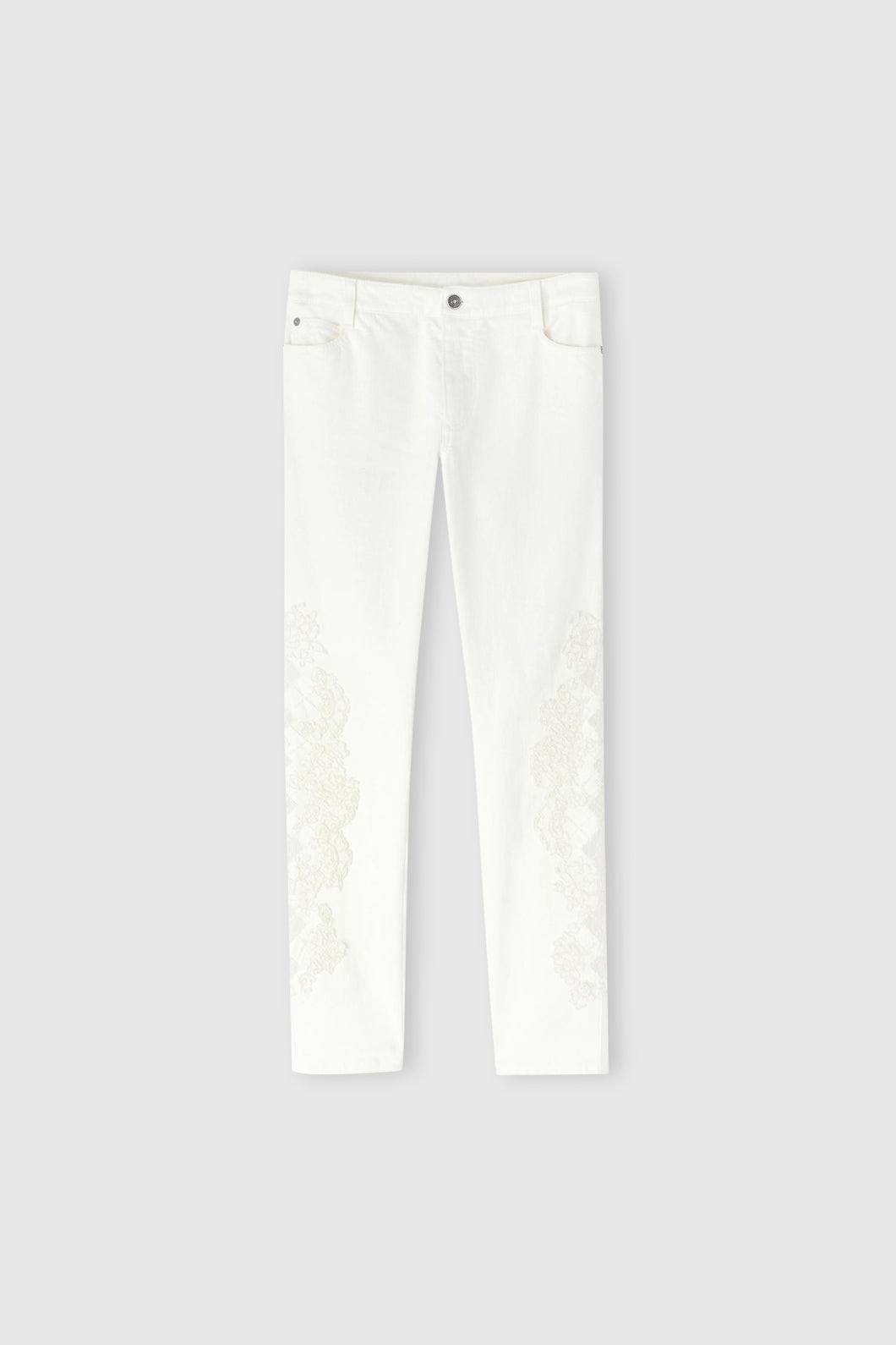 Five-pocket denim jeans with rebrodé lace