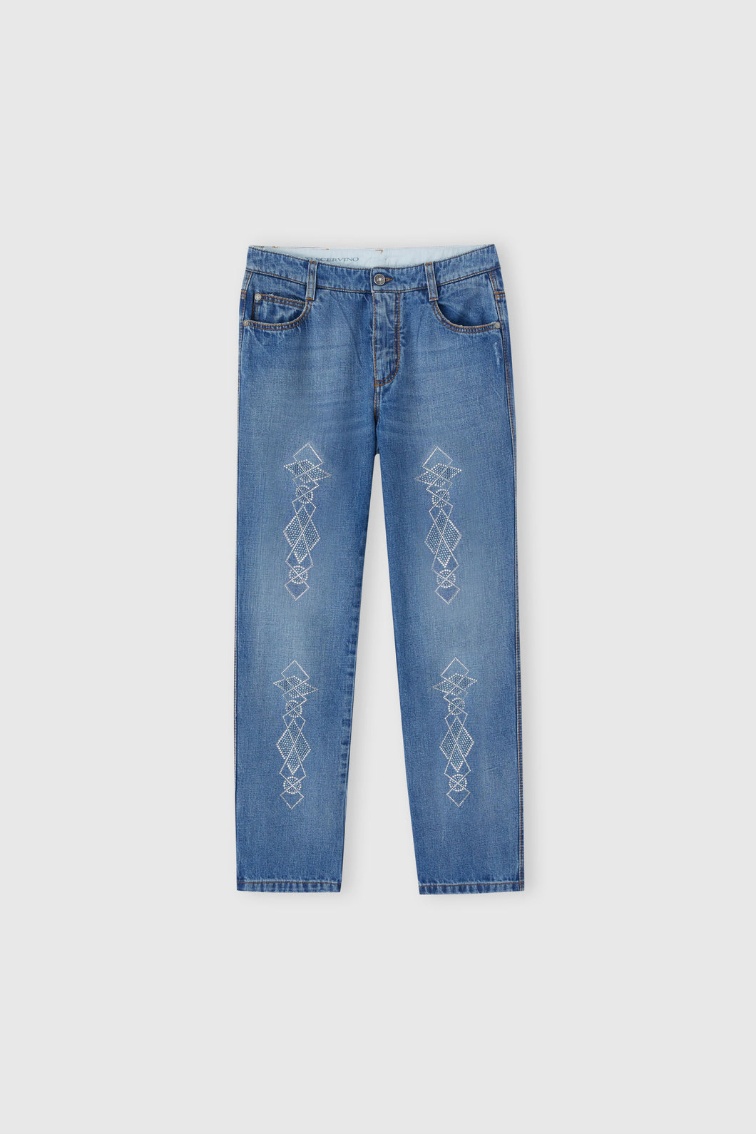 Five-pocket denim jeans with microcrystals