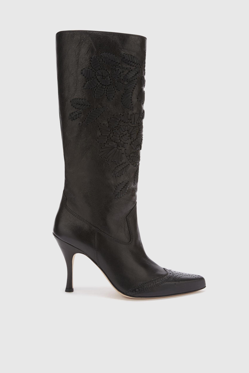 Vintage dark green nappa leather boot with handmade leather embroidery