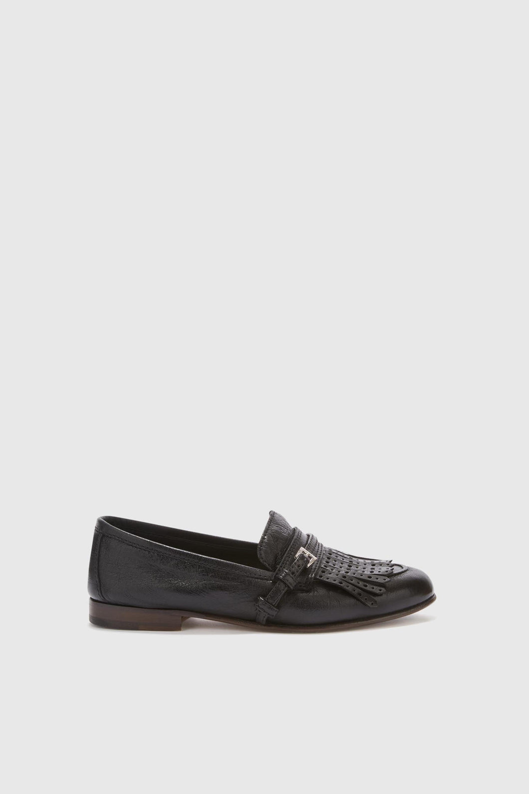 Vintage black nappa moccasin with brogue fringes and strap