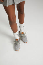 Load image into Gallery viewer, Sneaker in split leather with cloth effect print and amber rubber sole
