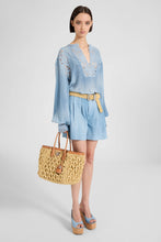 Load image into Gallery viewer, Silk Crêpe Caftan Blouse with Denim Print
