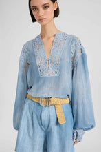 Load image into Gallery viewer, Silk Crêpe Caftan Blouse with Denim Print
