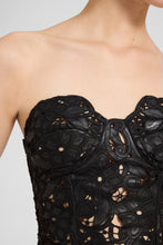 Load image into Gallery viewer, Strapless Lambskin Leather Bustier Top with Hand-Cut Floral Motif
