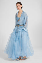 Load image into Gallery viewer, Asymmetric Balloon Skirt in Technical Denim-Blue Organza with Ruffles
