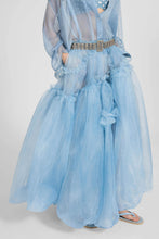 Load image into Gallery viewer, Asymmetric Balloon Skirt in Technical Denim-Blue Organza with Ruffles
