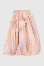 Load image into Gallery viewer, Asymmetric Balloon Skirt in Technical Organza with Denim-Blue And Orange Check Print
