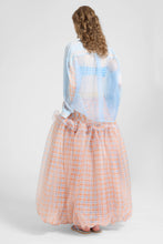 Load image into Gallery viewer, Asymmetric Balloon Skirt in Technical Organza with Denim-Blue And Orange Check Print
