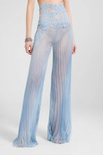 Load image into Gallery viewer, Silk Trousers with High Tulle Waist And Hand-Applied Rebrodé Lace in Denim-Blue
