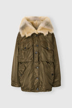 Load image into Gallery viewer, Long oversized Green Loden parka with shearling-trimmed hood
