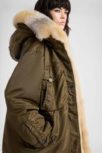 Load image into Gallery viewer, Long oversized Green Loden parka with shearling-trimmed hood
