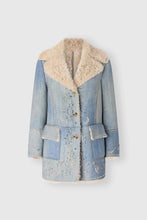 Load image into Gallery viewer, Denim-effect shearling coat with handcrafted cut-out embroidery
