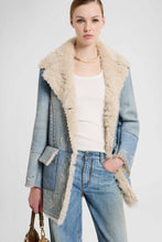 Load image into Gallery viewer, Denim-effect shearling coat with handcrafted cut-out embroidery
