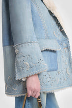 Load image into Gallery viewer, Denim-effect shearling coat with handcrafted cut-out embroidery
