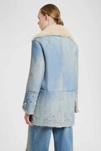 Load image into Gallery viewer, Denim-effect shearling coat with handcrafted cut-out embroidery
