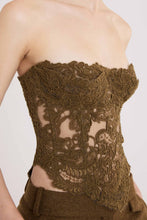 Load image into Gallery viewer, Loden green embroidered tulle corset with rebrodé lace

