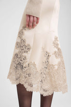 Load image into Gallery viewer, Silk satin pencil skirt with exclusive lace flounce
