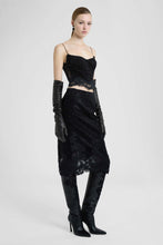 Load image into Gallery viewer, Astrakhan-effect velvet midi pencil skirt with embroidered tulle details
