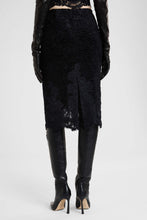 Load image into Gallery viewer, Astrakhan-effect velvet midi pencil skirt with embroidered tulle details
