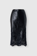 Load image into Gallery viewer, Crocodile-print calfskin midi skirt with handmade lace hem
