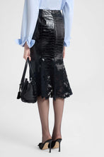 Load image into Gallery viewer, Crocodile-print calfskin midi skirt with handmade lace hem
