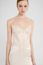 Load image into Gallery viewer, Silk satin lingerie midi dress with Rebrodé lace
