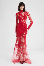 Load image into Gallery viewer, Long tulle gown with exclusive lace embroidery and hand-applied Rebrodé appliqués

