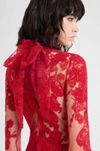 Load image into Gallery viewer, Long tulle gown with exclusive lace embroidery and hand-applied Rebrodé appliqués
