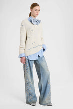 Load image into Gallery viewer, Baggy Trousers in Stone Wash Denim Print Viscose Marocain with Handmade Embroidery
